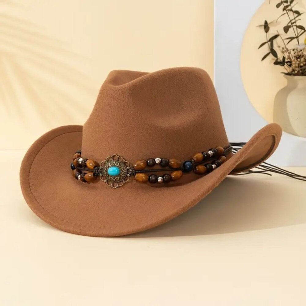 Light Brown, Camel Cowboy‎ & Cowgirl Hat – Wide Brim, Turquoise Beads, Western